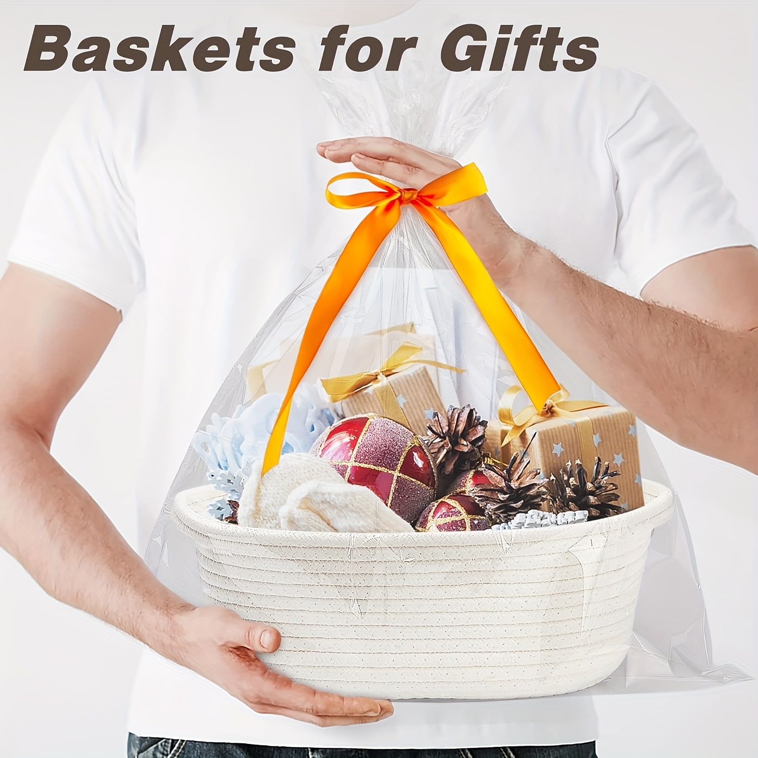 1pc Small Wicker-Style Basket with Gift Bag Ribbon White Woven-Look  Shower Keepsake, Storage, Kids Toy Basket, Durable Lightweight Basket for