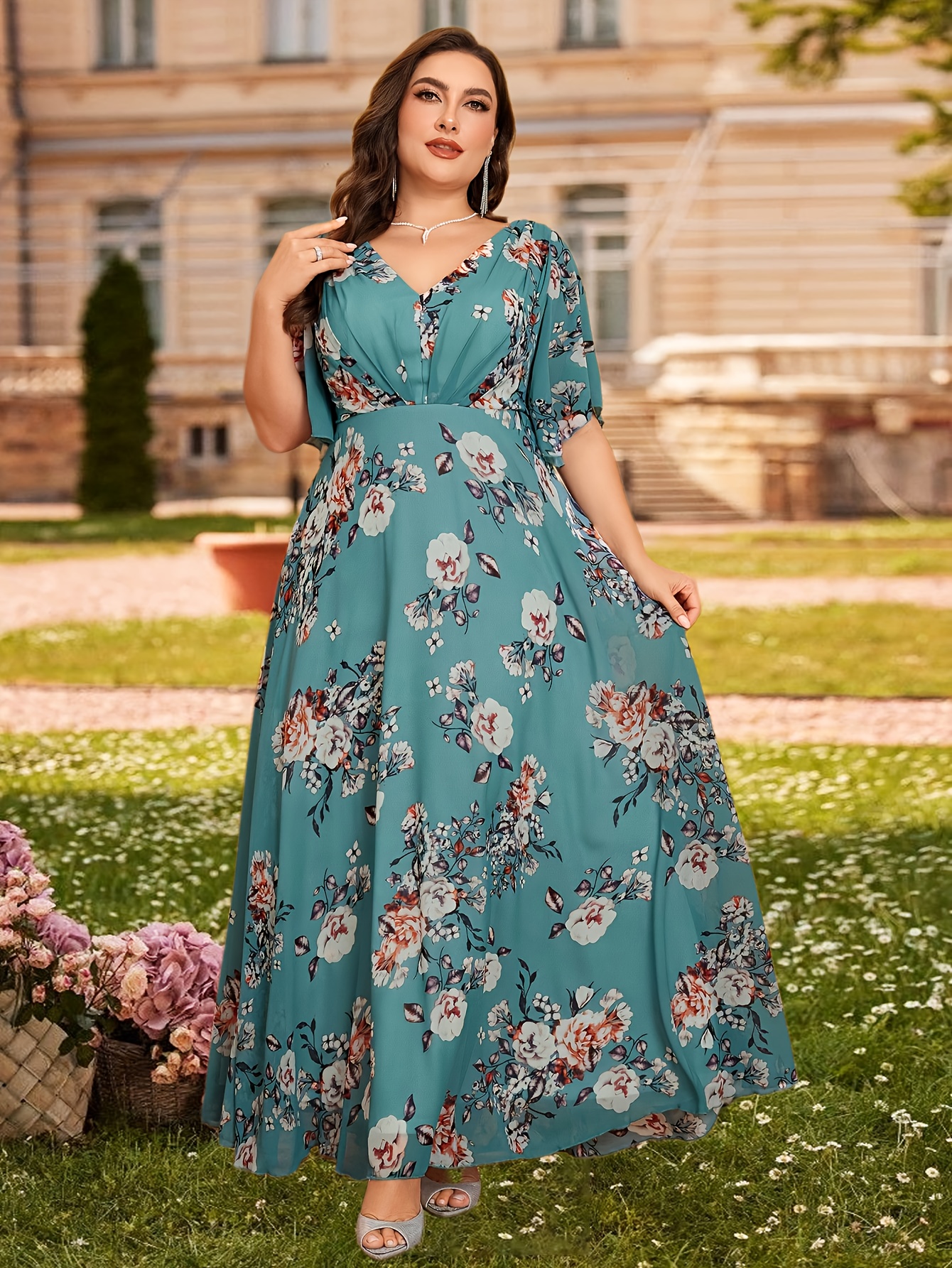 elegante vestido de chiffon floral com franzidas em v Temu Brazil