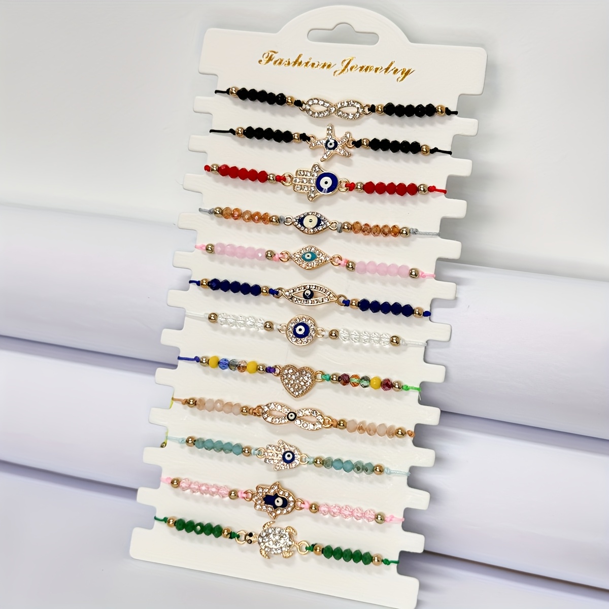 

12pcs Elegant Evil Eye Beaded Bracelet Set For Women, Handmade Woven Rope With Turtle & Infinity , Fashion Jewelry Collection, Evil Eye, Palm