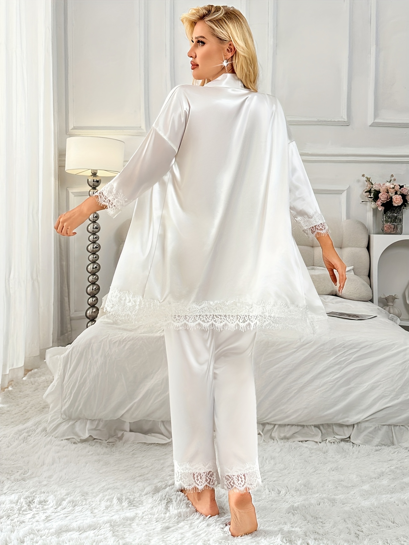 4pcs solid color contrast lace pajama set with thin straps camisole top elastic long pants loose robe with belt womens comfortable pajama and casual wear set   v neck long sleeve long length adult size casual wear set   robe elastic waistband robe Product details 1