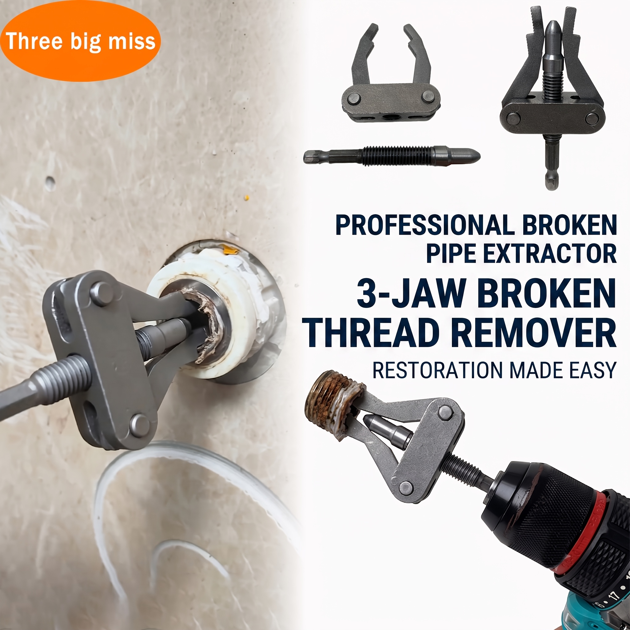 Heavy-duty Broken Pipe Remover, Three-jaw Universal Shock Absorber and Thread Removal Tool, Suitable for Damaged Faucet Water Pipes, Hexagonal Handle Electric Drill Adapter
