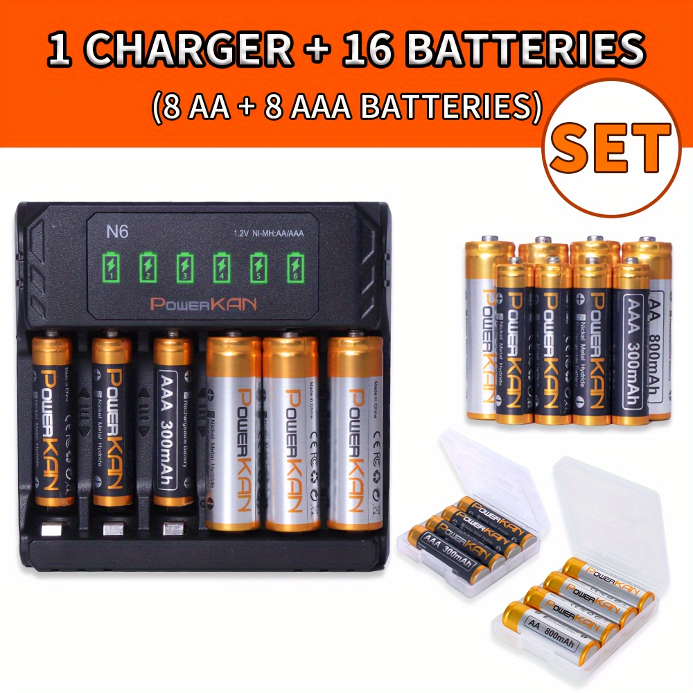 

Combo Batterie Rechargeable & Chargeur PowerKAN - Ensemble NiMH AA/AAA 1.2V avec Chargeur Rapide N6, Indicateurs LED, Boîte de Rangement Incluse | de Haute Qualité et pour Appareils