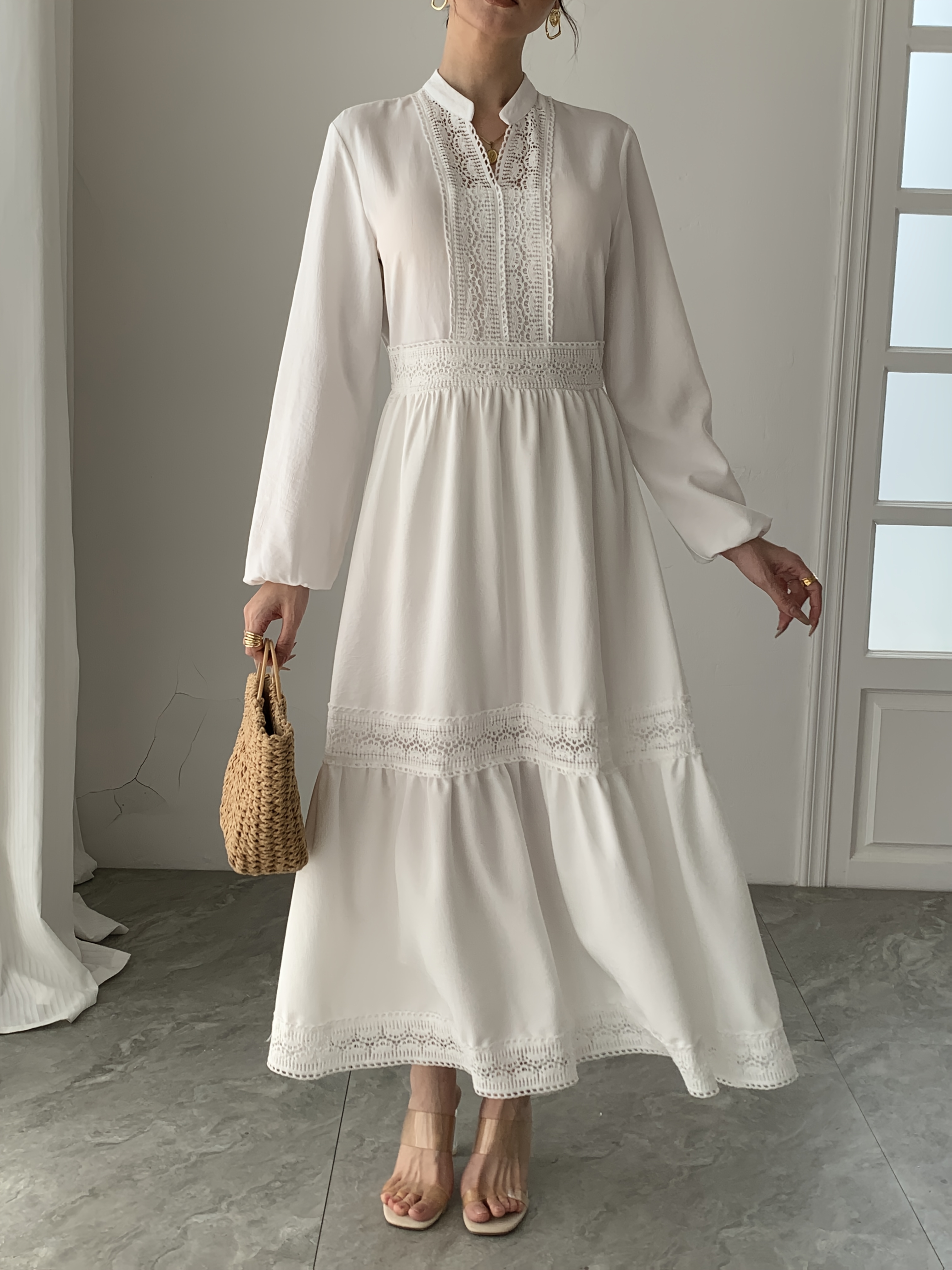 women's elegant v-neck long sleeve lace overlay dress - flowy a-line maxi  dress with sheer & solid color transition, loose fit casual to formal wear,  versatile wardrobe staple, lace dress, everyday elegant