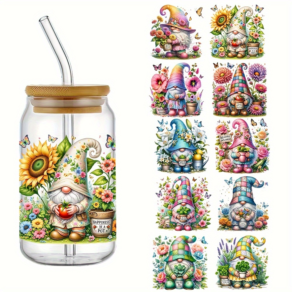 

charming Gnomes" 5-pack Spring Garden Gnome Watercolor Uv Dtf Stickers - Self-adhesive, Waterproof & Scratch-resistant 3d Crystal Decals For Tumblers And Bottles, High-quality (4.3"x9.4")