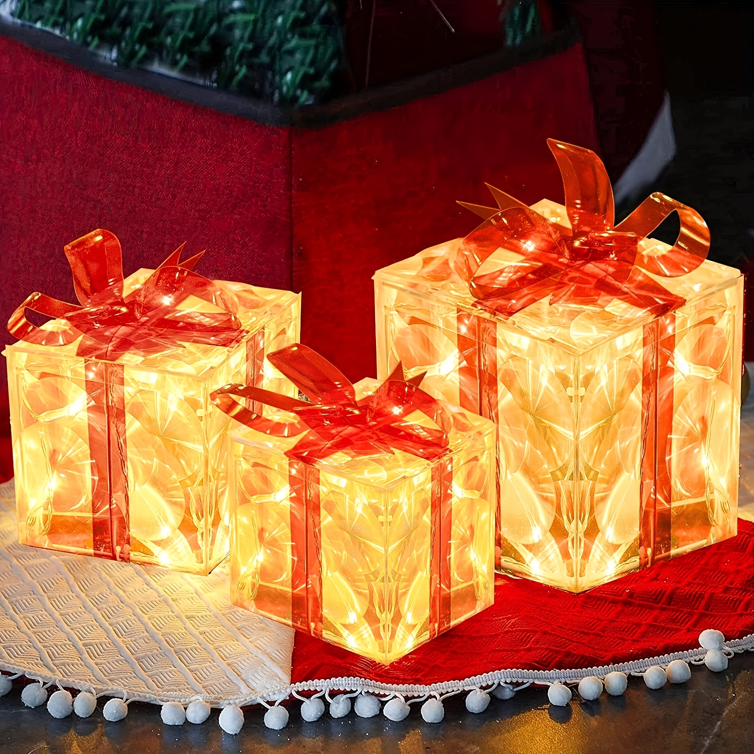 

Set Of 3 Christmas Lighted Gift Boxes, Transparent Warm White Lighted Christmas Box Decrations, Presents Boxs With Red Bows For Christams Tree, Home, Christams Decorations