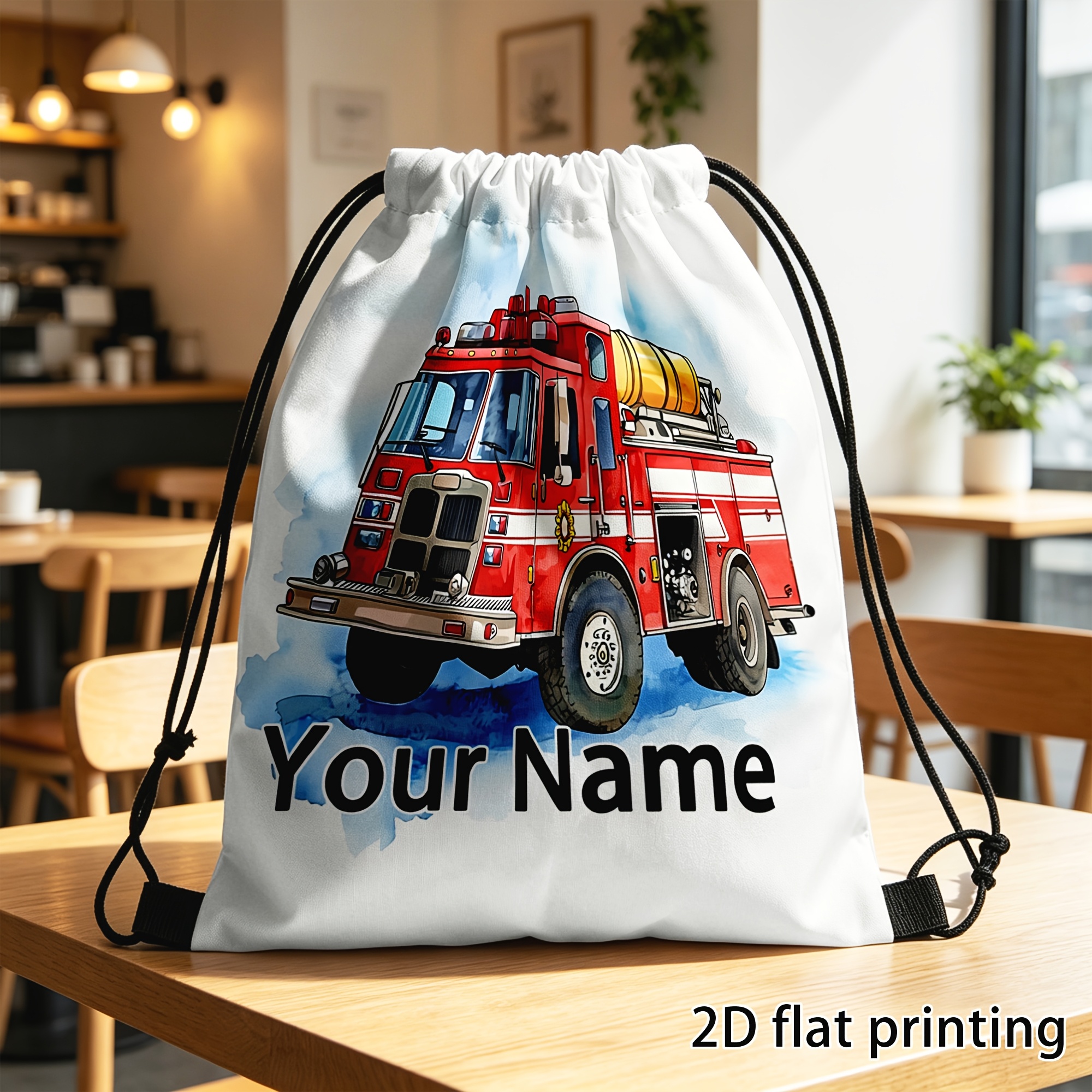 TEMU 1 pièce, Sac à dos personnalisé à cordon de serrage, Camion de pompiers personnalisé avec de nom, Camion de pompiers rouge aquarelle, Convient