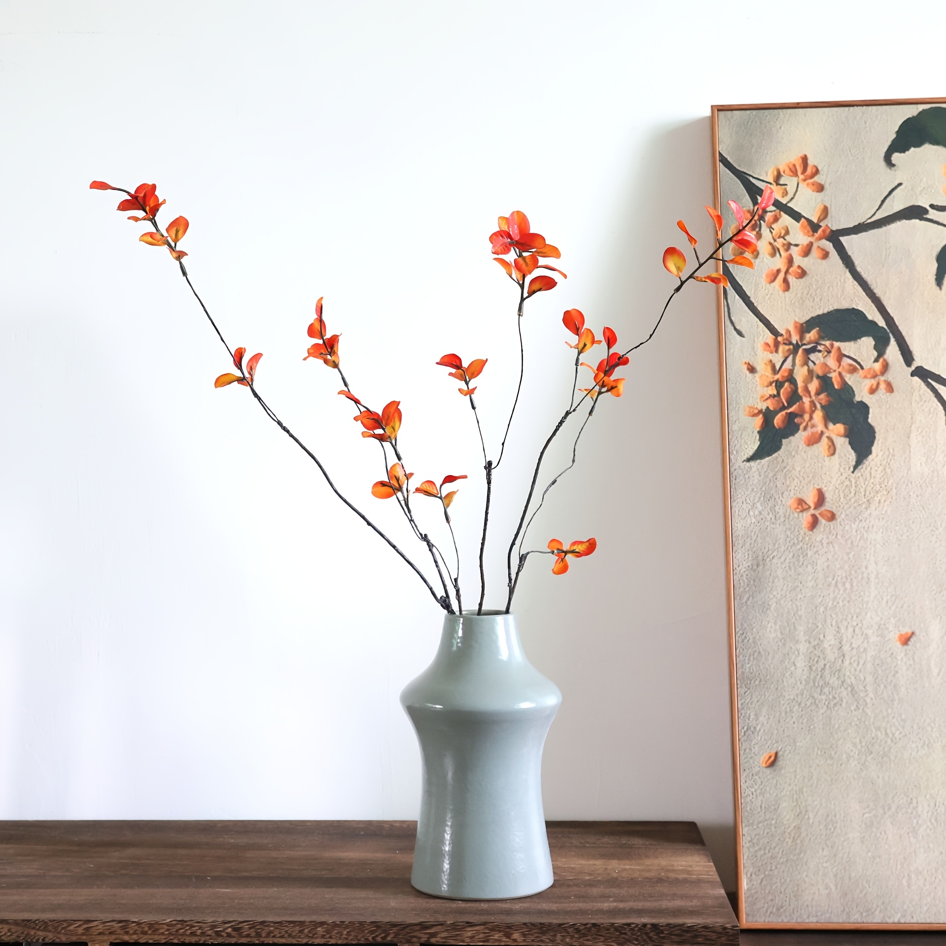 Image of 2pcs Realistic Artificial Leaves With Branches - Suitable For Autumn Tabletop Decor, Plastic Fall Foliage For Home, Outdoor, Parties, Mantel & Shelf Decoration - Maintenance-free Display