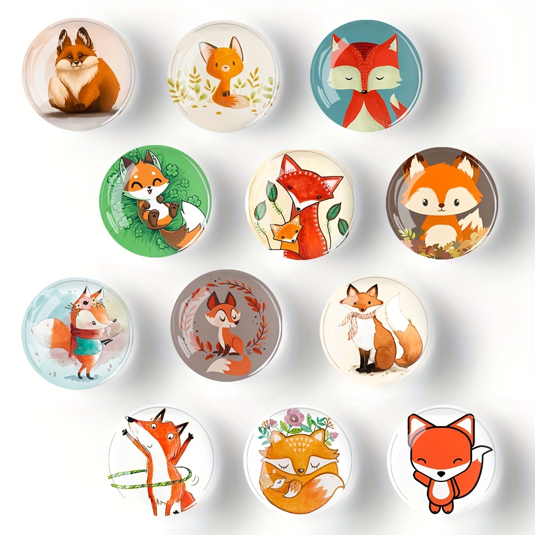 12-pack Cute Fox Glass Magnetic Fridge Magnets, Round Decorative Kitchen Magnets For Office, Whiteboard, Cabinet, Dishwasher, Locker - Glass Material, Assorted Designs
