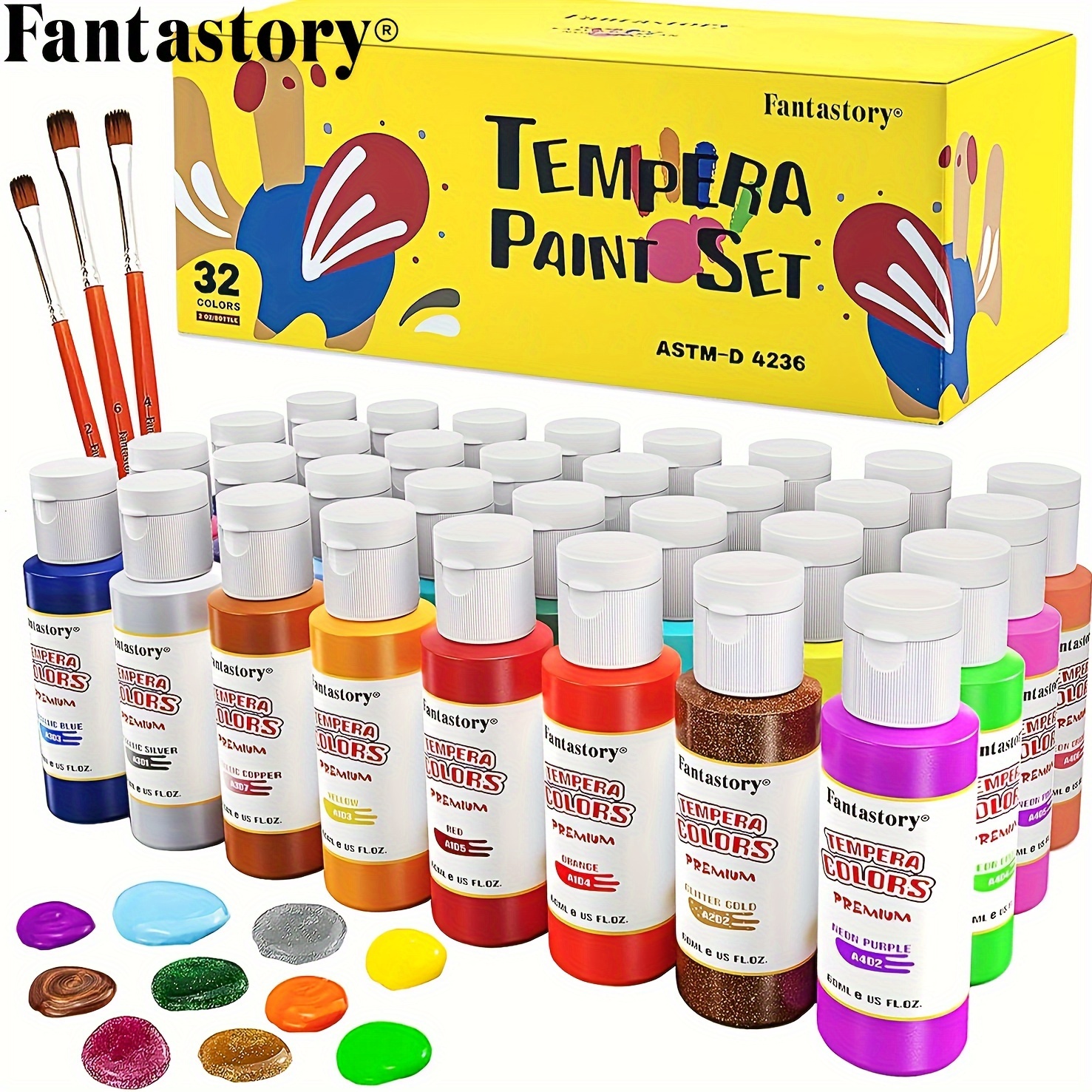 

Fantastory Tempera Paint 32 Colors (2 Oz Each) Washable Tempera Paint, Poster Paint Sponge Painting, Non-toxic Paint Finger Paints Hand Paints Bottles Early Learning