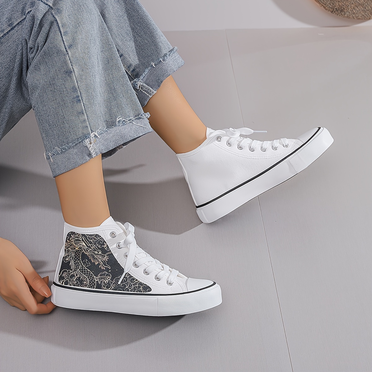 womens black white canvas sneakers dragon floral print Temu Pakistan