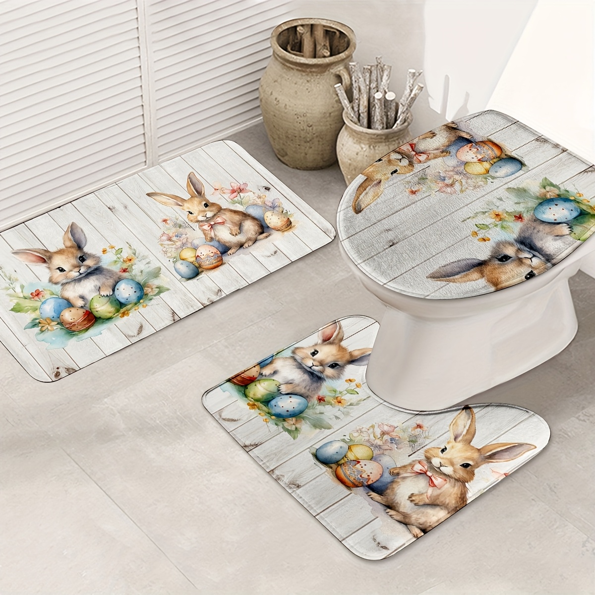 TEMU Ensemble de 3 Tapis de Bain Lapin de Pâques & Œufs - Antidérapants, Lavables en Machine, Tapis en Polyester pour Salle de Bain, Cuisine, Chambre