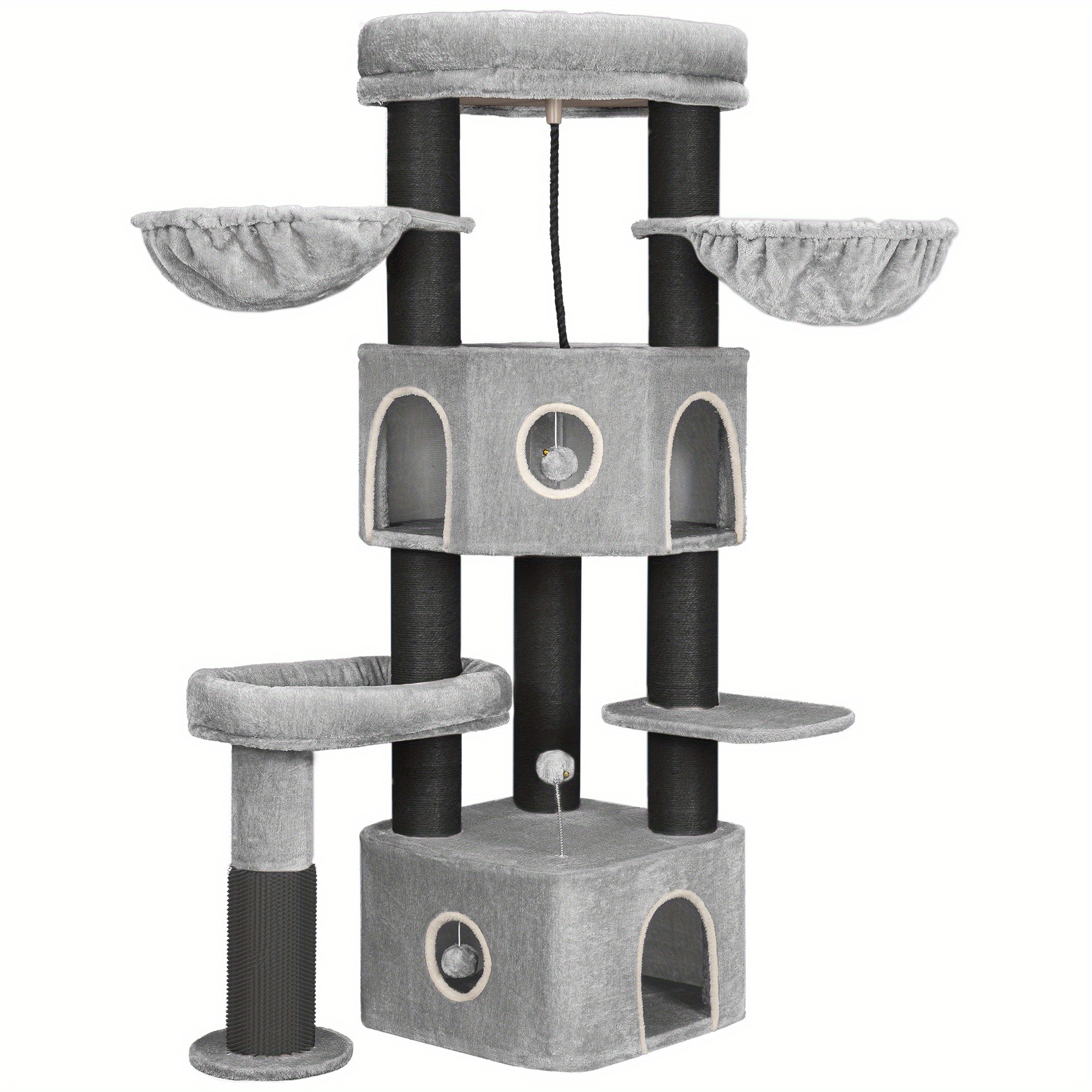 TEMU Cat Tree, 163 Cm Tall, 11 Cm Thick Sisal Posts, For Large Cats, 2 Caves, Spacious Platform, Plush Ball, Cat Brush, Multi-level Cat Tree, Light