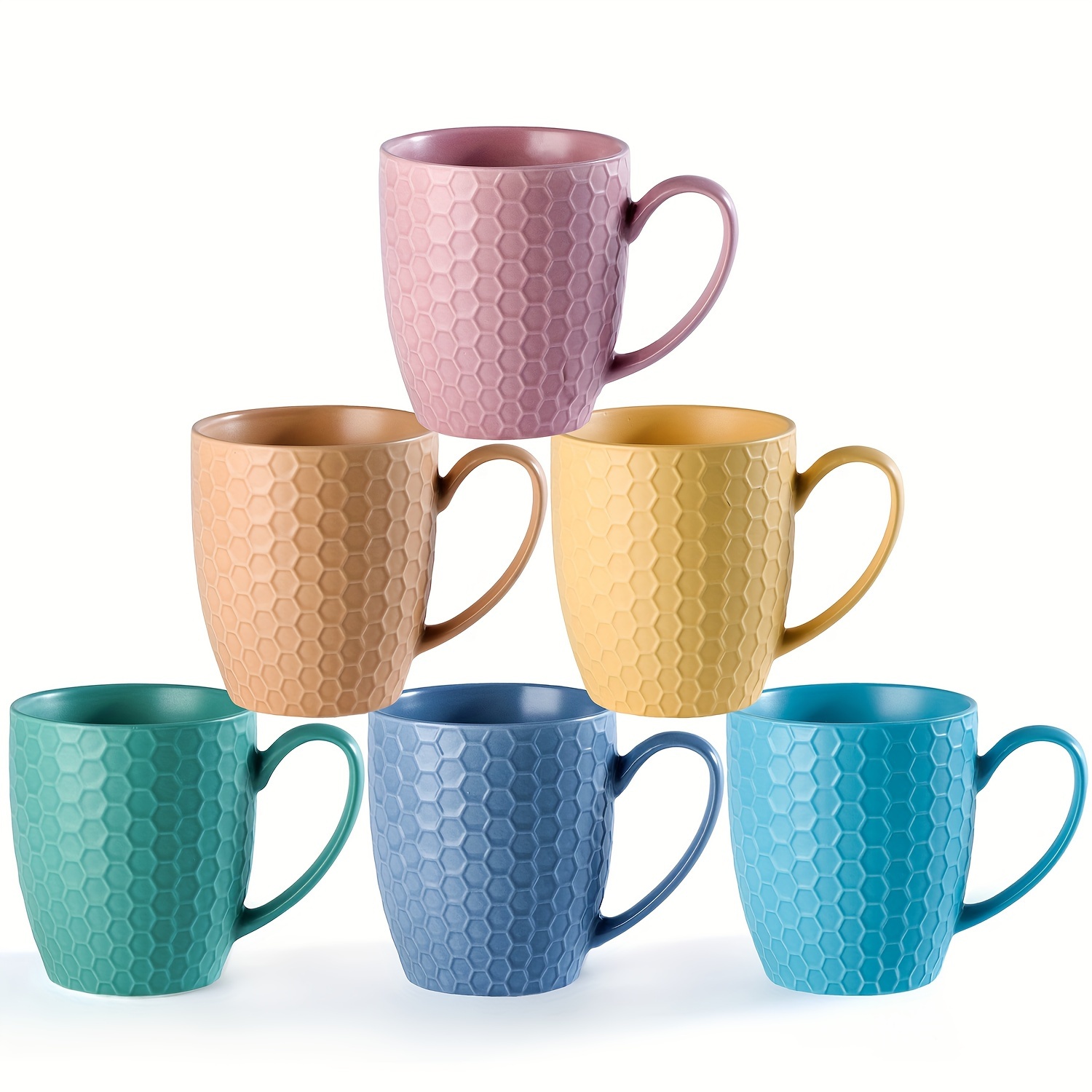 

18 Oz Ceramic Coffee Mug Set - Large Coffee Mugs - Matte Embossed Stoneware Cups With Handle For Latte Tea Cappuccino Cocoa - Microwave Dishwasher Safe - Set Of 6 - Multicolor