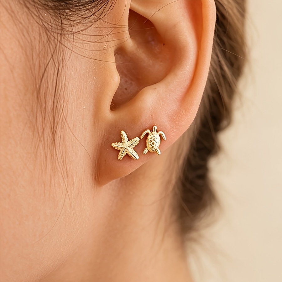 Metallic Wind Star Shell Turtle Stud Earrings Set