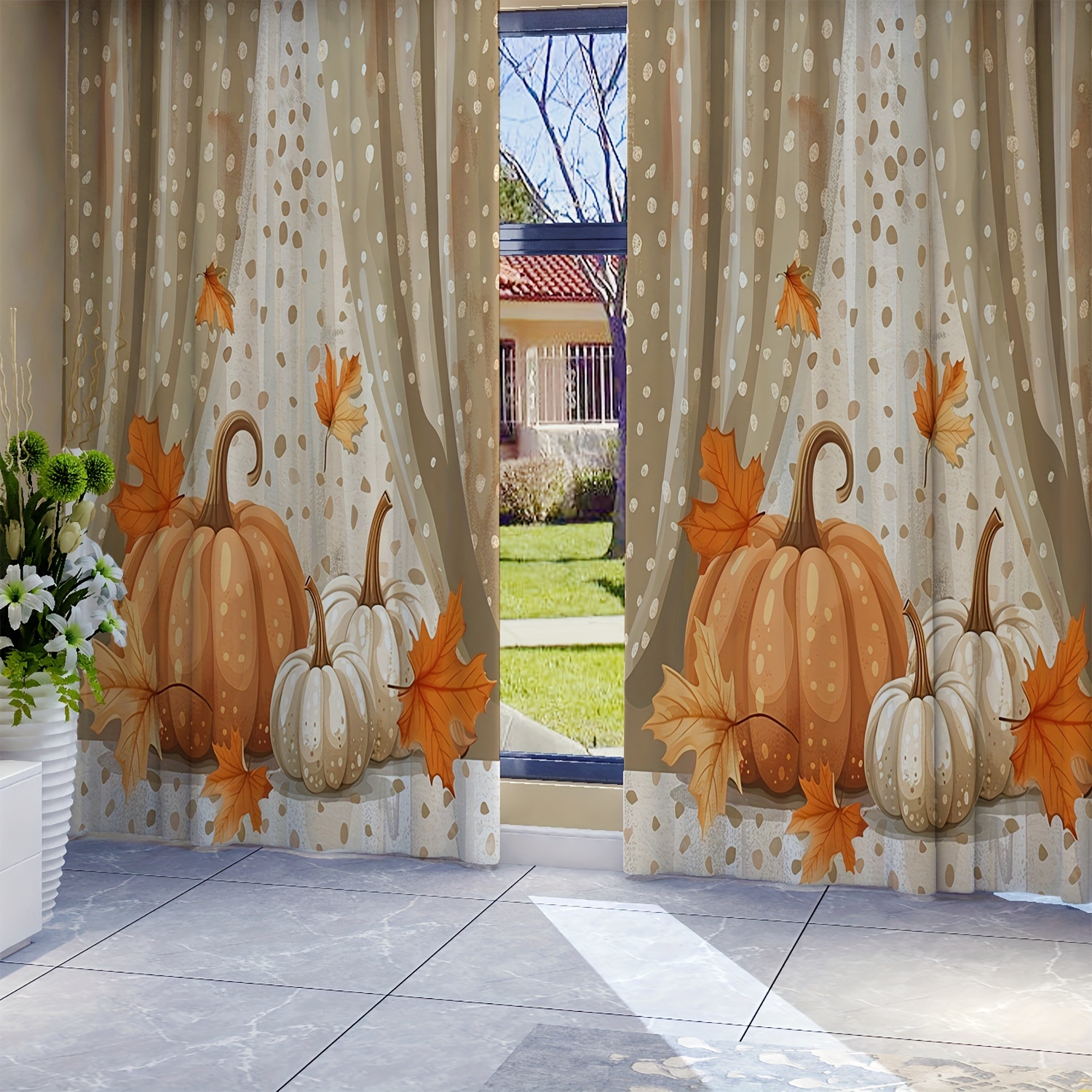 

2pcs, All-season Autumn Pumpkin Maple Leaf Print Curtains, Living Room Curtain Rod Pocket Curtains, Living Room Furniture Decoration Home Decor