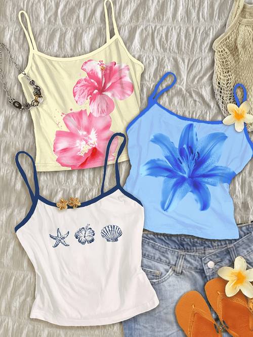 juego de 3 piezas: camisola de mujer estilo vacacional casual con estampado de playa de flor de tropical crema, flor de , y concha marina. camiseta de tirantes , adecuada para de vacaciones , con diseño sin espalda