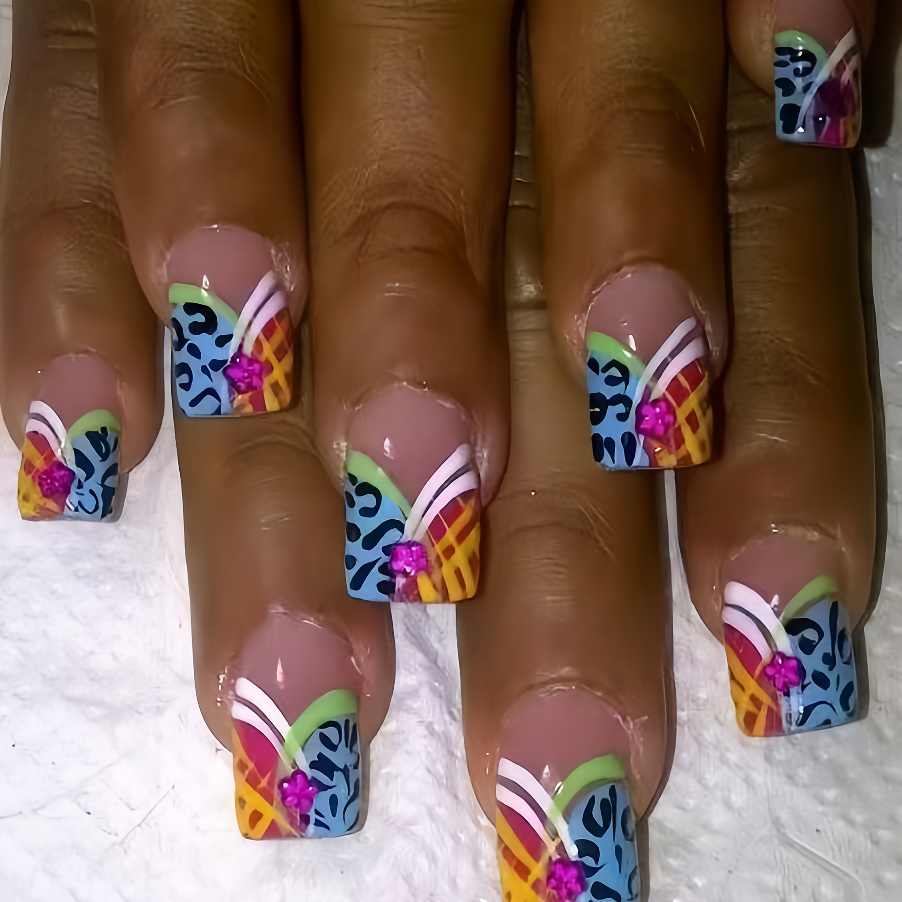 TEMU 24pcs Convenient Press-on Nails, Color-block Leopard Print And Checkered Short Square Nails, Style, Niche Design With Small Flowers, Wearable