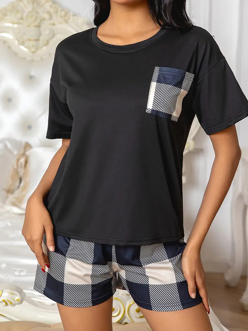 colorblock print pajama set casual short sleeve round neck top bow shorts womens sleepwear loungewear Product details 3