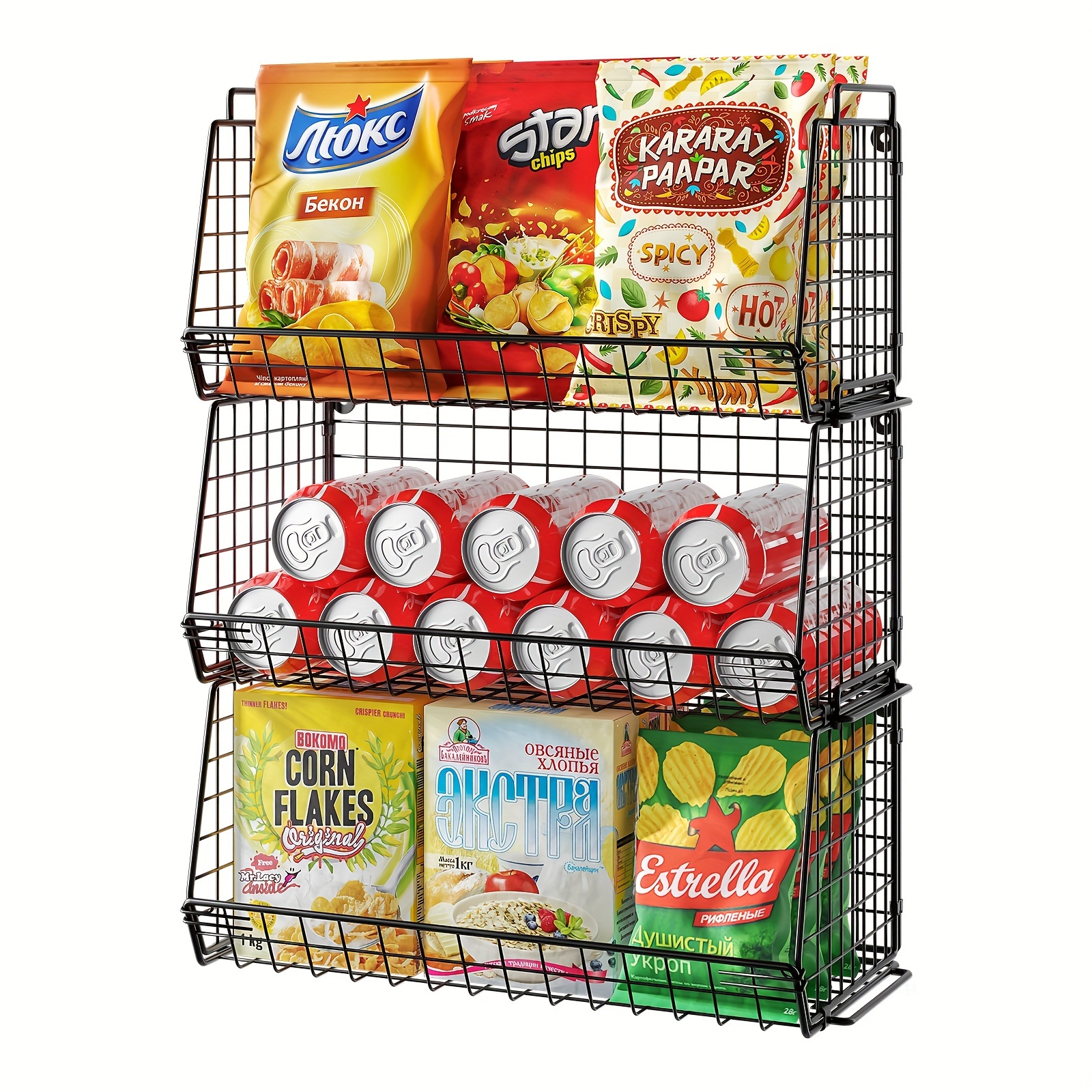 

1pc 3 Tier Stackable Snack Organizer Wall Mount Hanging Pantry Household Food Storage Basket With Handles Foldable Snack Rack Stand For Countertop Cabinets Kitchen