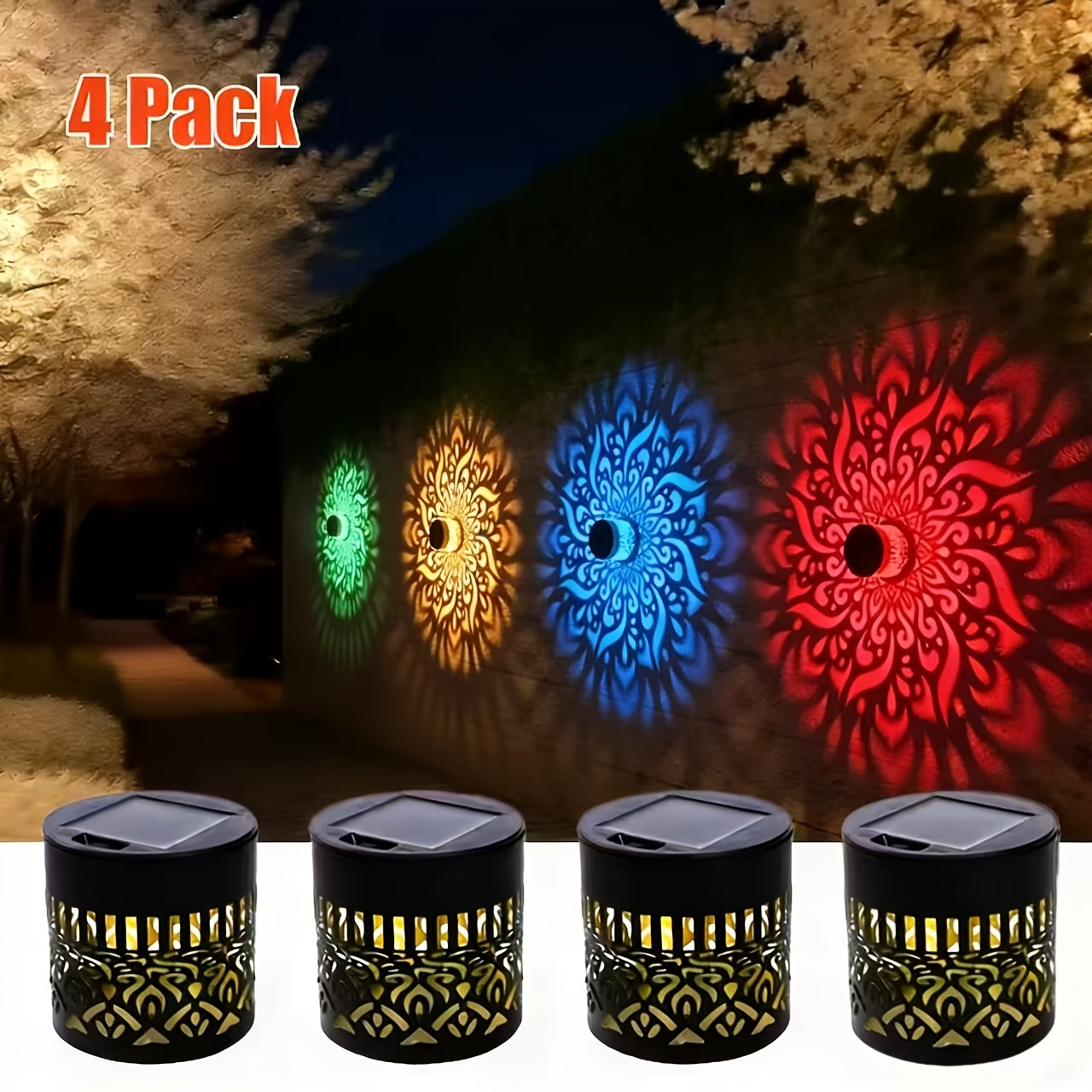 TEMU 4 Outdoor Solar Powered Courtyard Wall Lights, Floor Lamps, Colorful Lights, Retro Metal Hollow Mandala Pattern Ip65 Waterproof Led Lights,