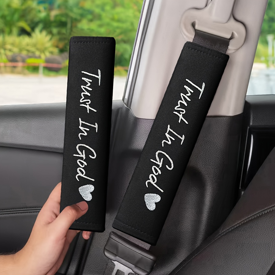 Image of 2pcs Car Letter Embroidery Pattern Seat Belt Shoulder Pads, Seat Belt Protectors, Comfortable Textile Material, Universal Fit For Front Seat Belts - Car Accessories, Interior