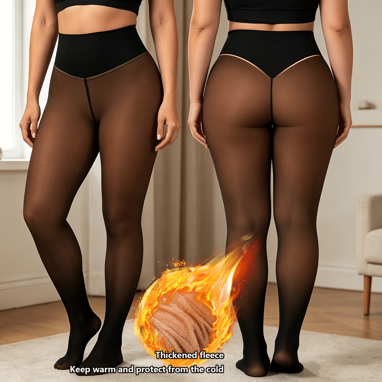 TEMU [Estilo Otoño Invierno] 1 Par de Pantalones Sexy Negros Café Transparentes y Ajustados, Leggings Cálidos Gruesos con Forro Polar y Entallados en