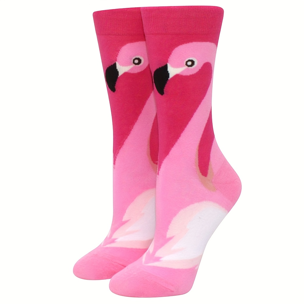 Image of 1 Pair Women's Soft & Breathable Flamingo Knee-high Socks - Pink Cartoon Animal Design, Casual Athletic Wear, Ideal Holiday Gift, Casual Wear Socks | Design Socks | Polyester Socks, Cute Socks