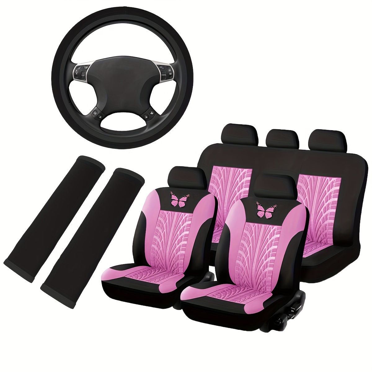 

Butterfly-embossed Style Car Interior Set - Polyester Steering Wheel Cover, 2 Seat Belt Pads And 9-piece Seat Cover Bundle, Non-filled Universal Fit Accessories