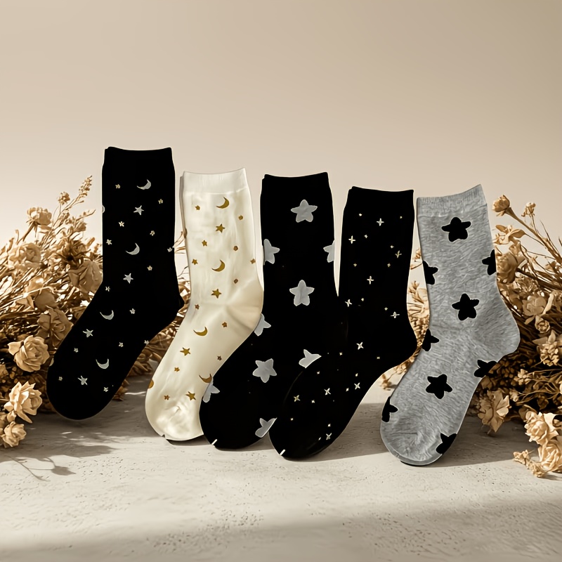 TEMU 5 Pack Fall Winter Mixed Color Slouch Crew Socks, Star Moon Pattern Socks, Soft Breathable Versatile Women Crew Socks