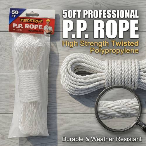 50ft white polypropylene rope strand twisted all purpose utility cord for camping gardening crafting and everyday use