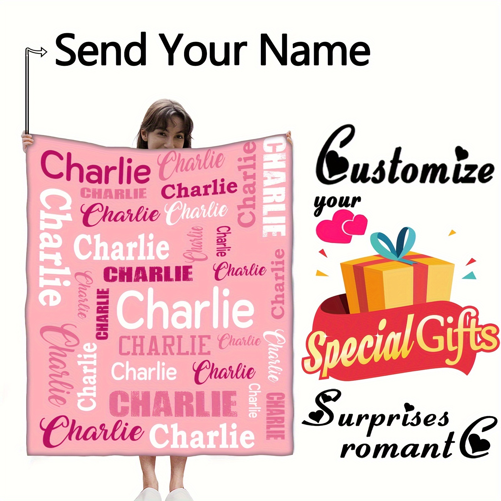 

1pc Custom Name Blanket, Personalized Pink Reversible Throw With , Contemporary Style, Knitted Ultrafine Fiber, Machine Washable, No - Ideal For Girls