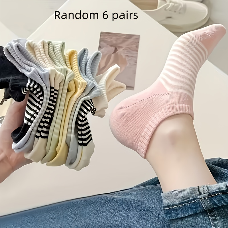 E-shop Zufällige 6 Paar Damen Streifen Knöchelsocken - Sortierte Farben (, Beige, Hellblau, Rosa) - Stoff, Lässige Unsichtbare Socken, Süße Socken