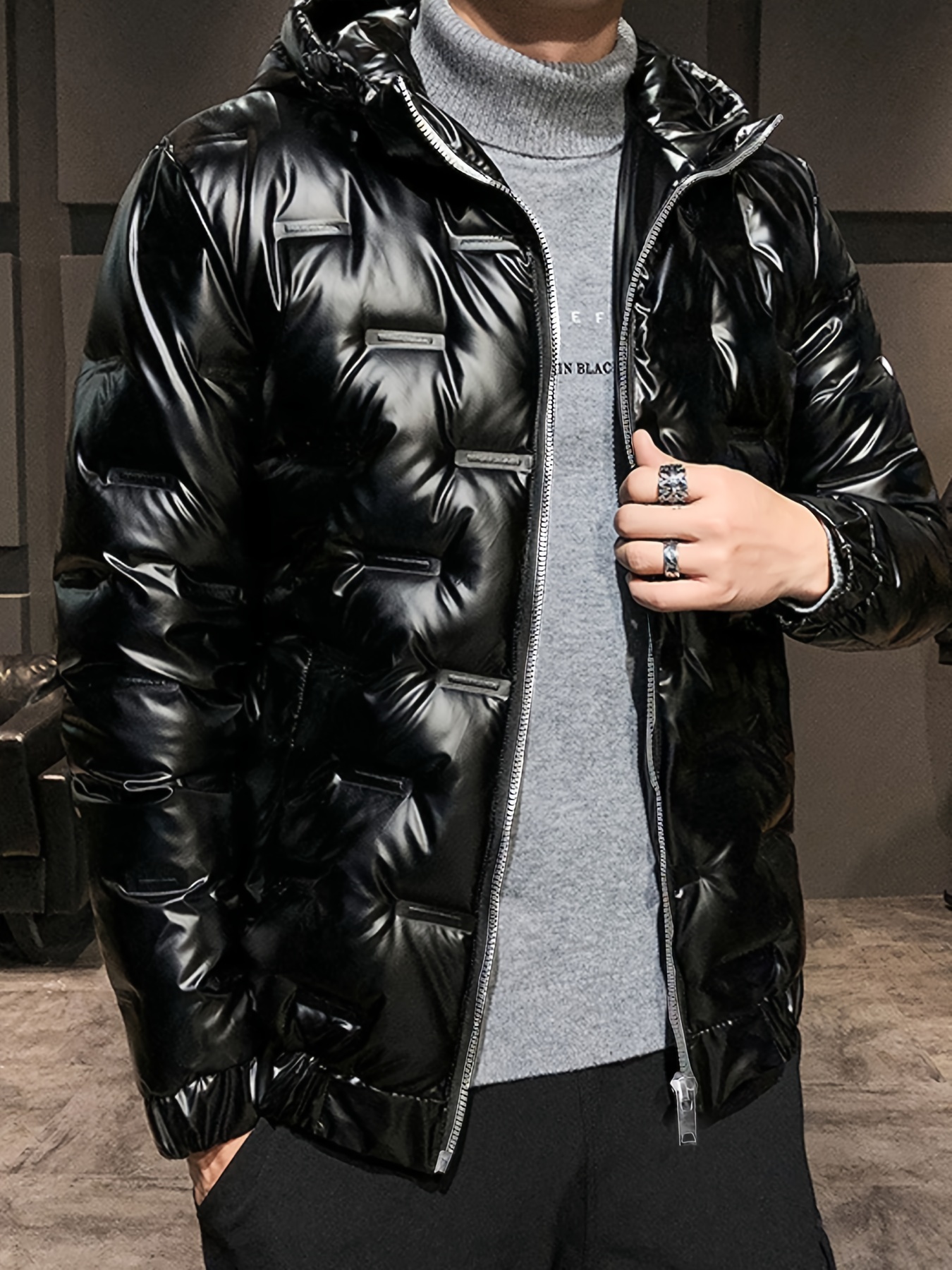 winter mens loose thickened hooded jacket youth   shiny trendy casual coat mens sports warm jacket