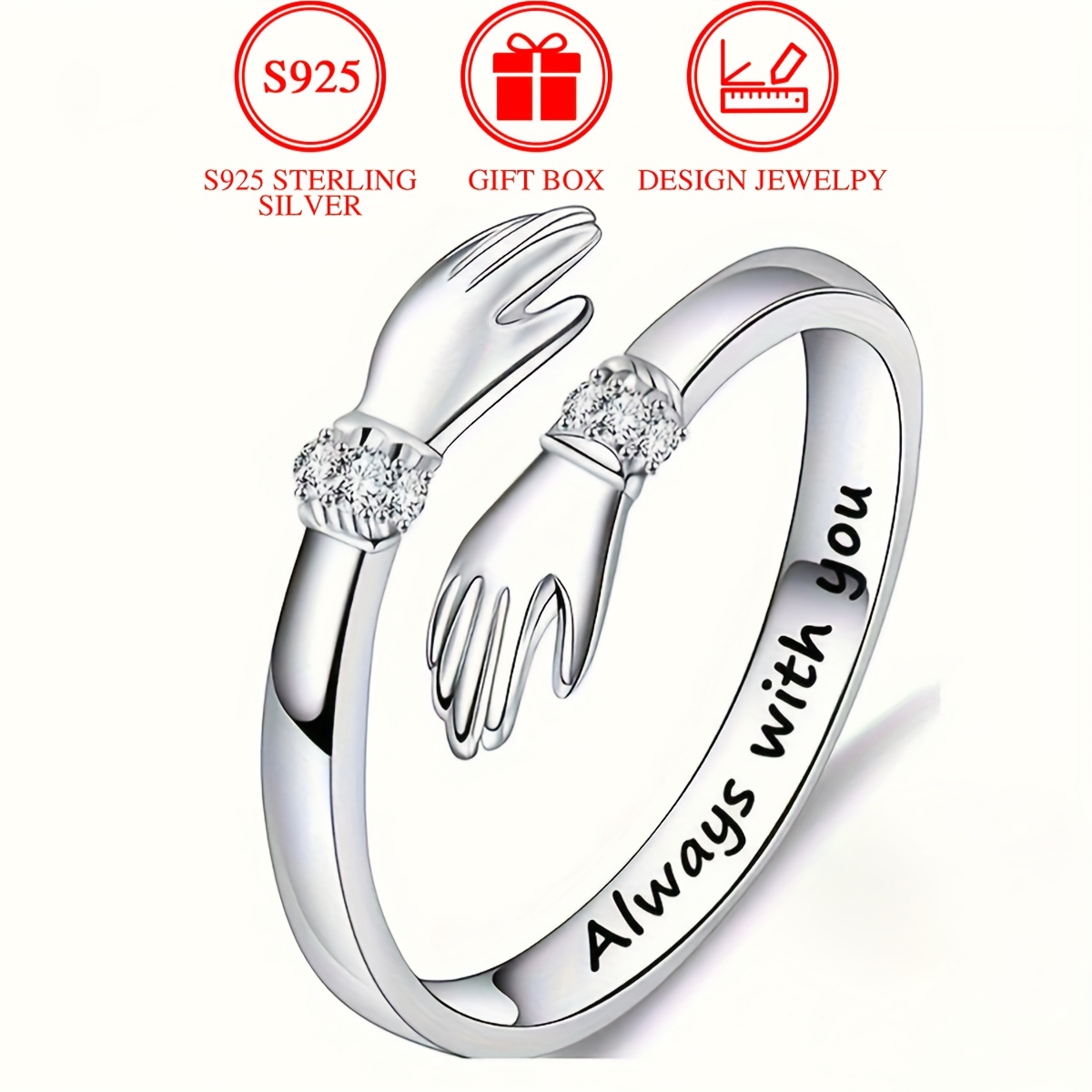 " " S925 Sterling Silver Double-handed Embrace Wrist Ring With Small White Synthetic Zirconia Stone, 2.5g