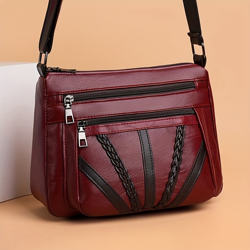 

Women's Fashion Shoulder Bag, Faux Leather Crossbody, Mom Bag, Casual Versatile Soft Bag With Braided Detail, Zipper Closure