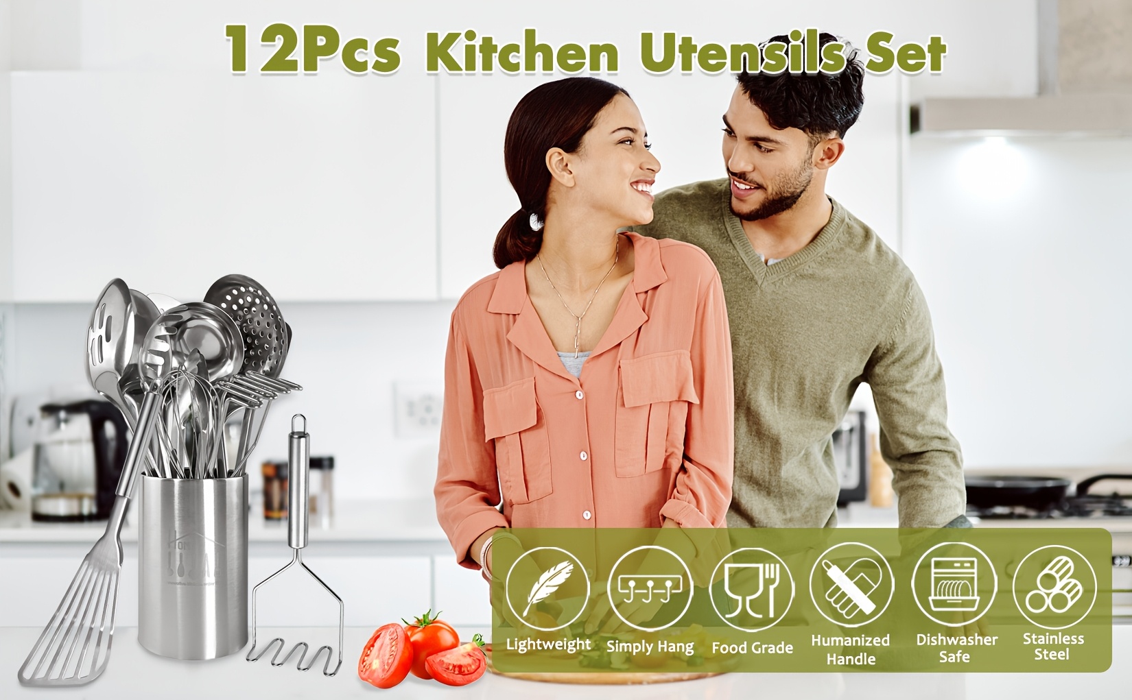 stainless steel kitchen utensils set 12pcs cooking utensils set with holder heat resistant metal spatula set utensils set for cooking with turners potato masher skimmer spoons tongs whisk father gift details 0