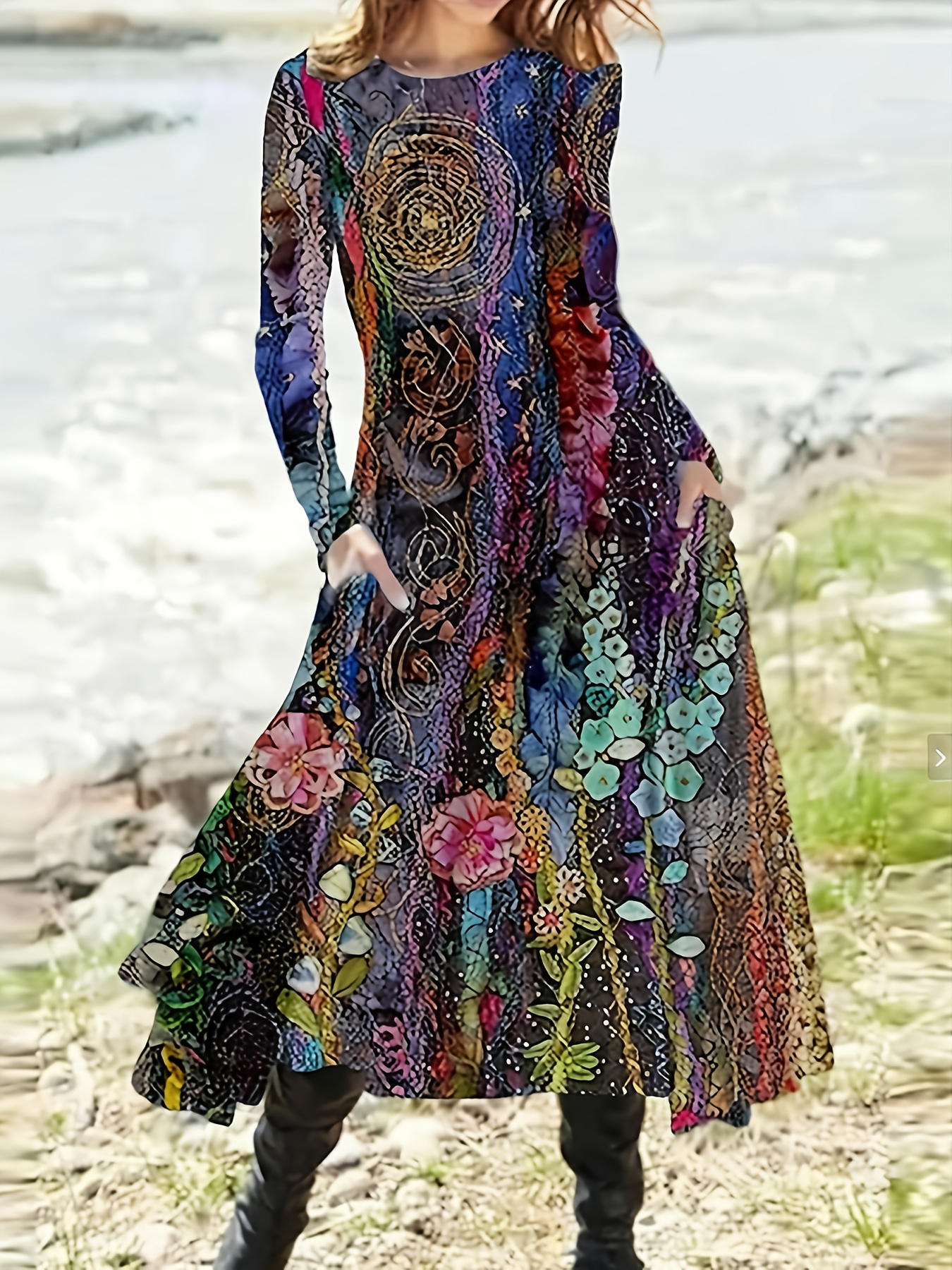 plus size, women's plus size turquoise blue & multicolor a-line maxi dress  with pockets - short sleeve round neck boho print dress, turquoise green  brown white, machine washable resort wear for beach