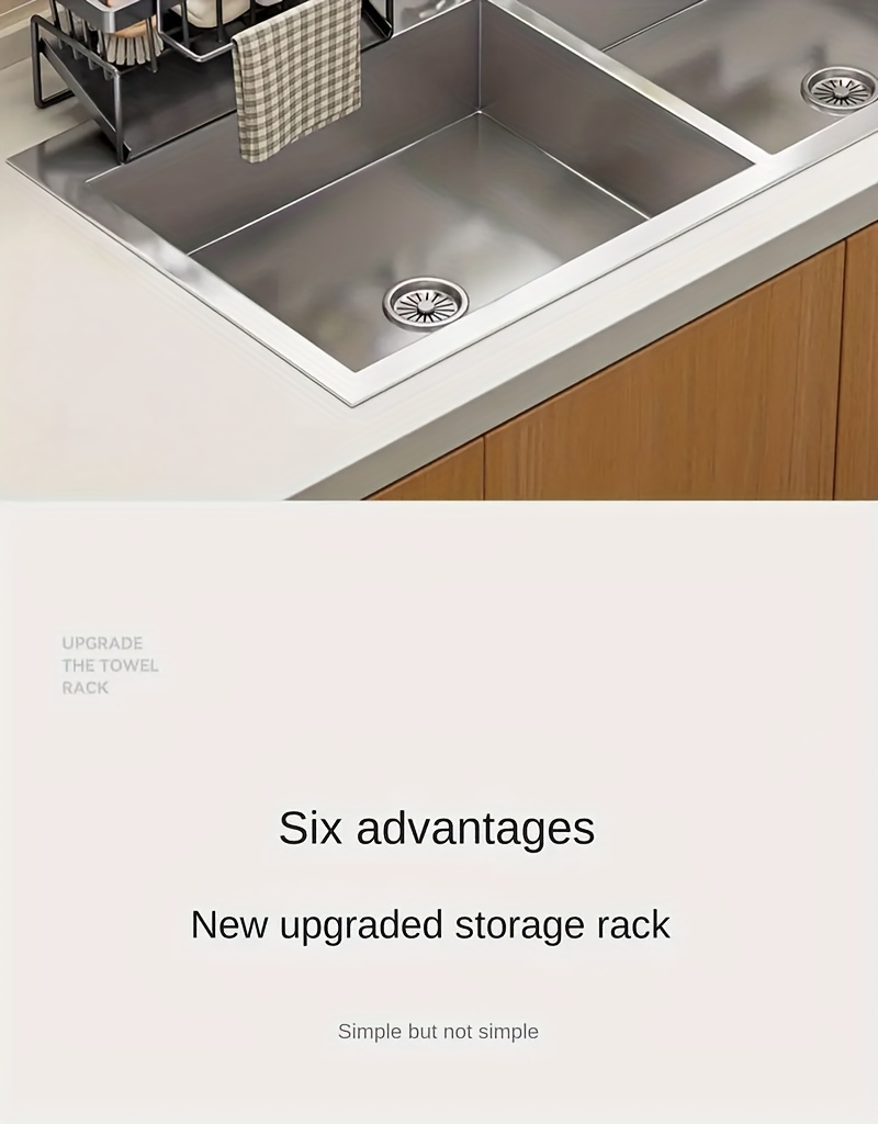   stainless steel kitchen sink organizer with dishcloth holder space saving storage rack for sponges soaps brushes cloths details 1