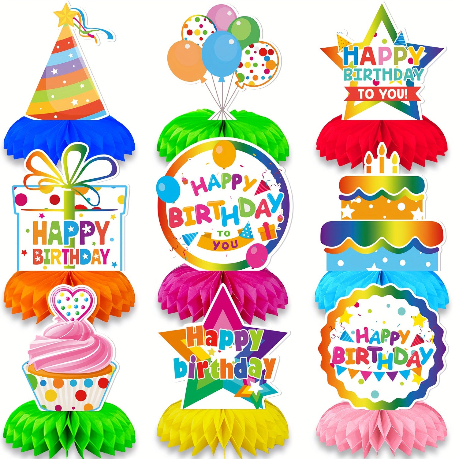 Image of 9pcs Colorful Happy Birthday Decorations Rainbow Centerpiece Decorations Table Decorations Table Topper Birthday Pom-poms For Birthday Party Decorations Baby Shower Decorations