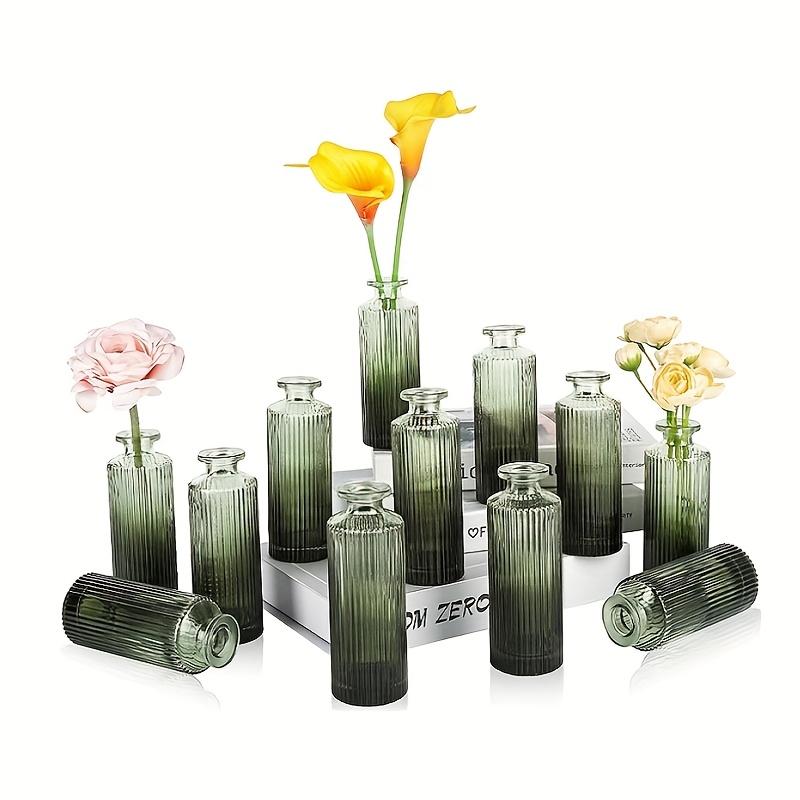 Image of 6/12pcs Green Bud Vase, Mini Ribbed Flower Vase For Decoration, Small Glass Vase Suitable For Wedding Decoration, Vintage Vase For Tables, Housewarming Gift, Home Decoration, Restaurant Decoration