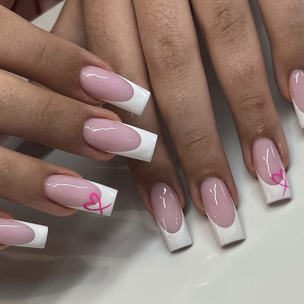 

Ensemble de 24 ongles press-on à bout français rose et blanc avec design de cœur - , de fête et lime à ongles et onglets adhésifs , manucure et pour les