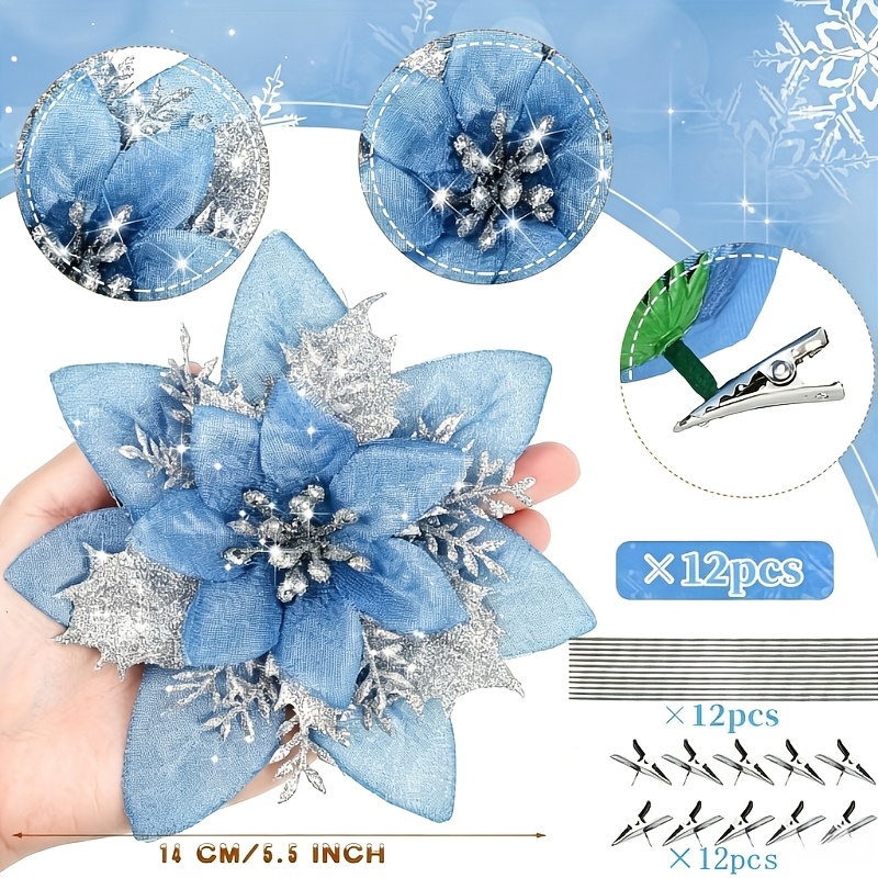 TEMU 36pcs Fleurs de Noël Artificielles de Houx à Paillettes - Fleurs en Plastique de 5,5 pouces avec Clips et Tiges, Fleurs en Plastique Brillantes