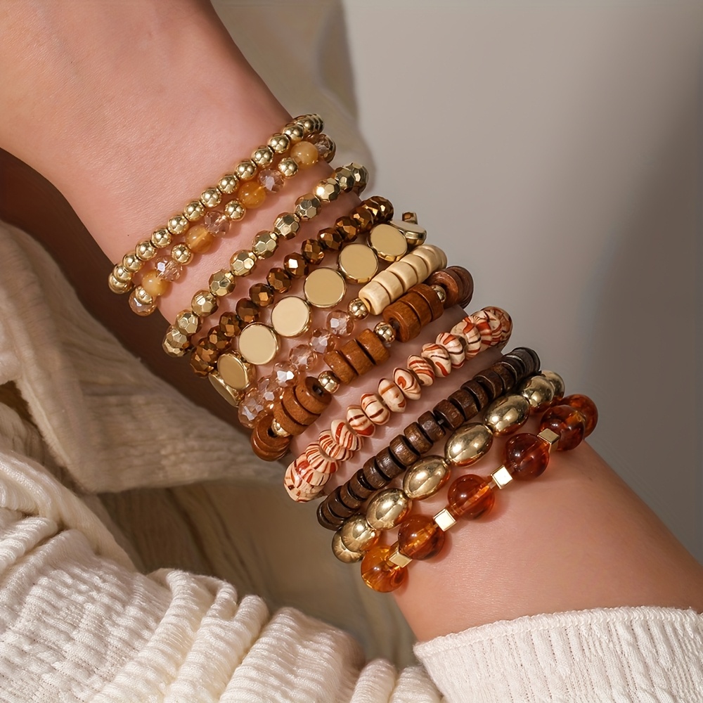 Boho Beaded Bracelet Set - Acrylic & Wooden CCB Bangles Stackable
