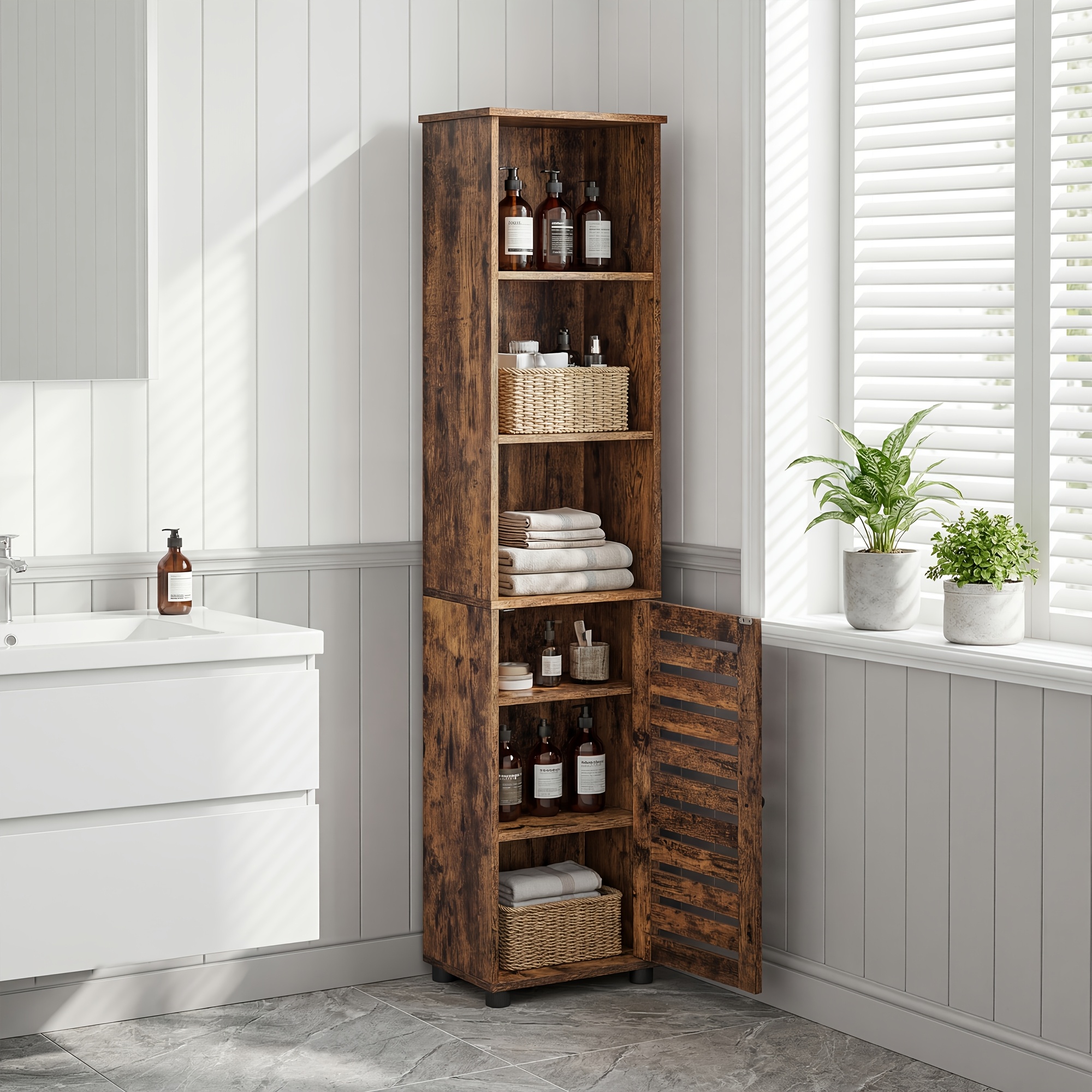 Image of Tall Bathroom Cabinet, High Bathroom Cabinet, Freestanding Bathroom Shelf, With 3 Open Compartments And 2 Adjustable Shelves, Living Room, Entrance Area