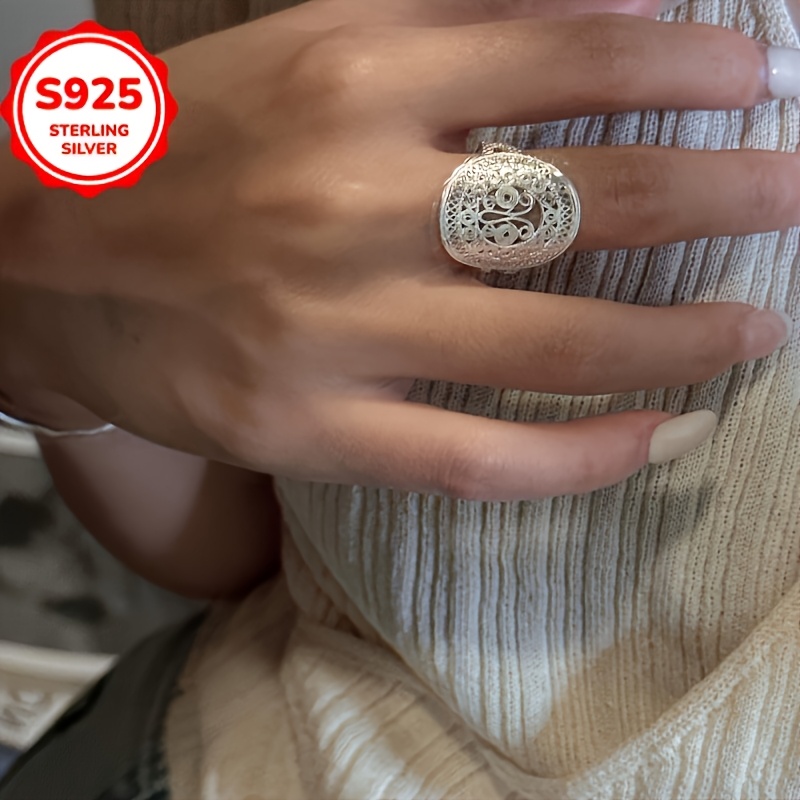 TEMU 925 Hypoallergenic Fashion Vintage Openwork Pattern , Elegant And Versatile Wide Band Ring, A Gift Suitable For All