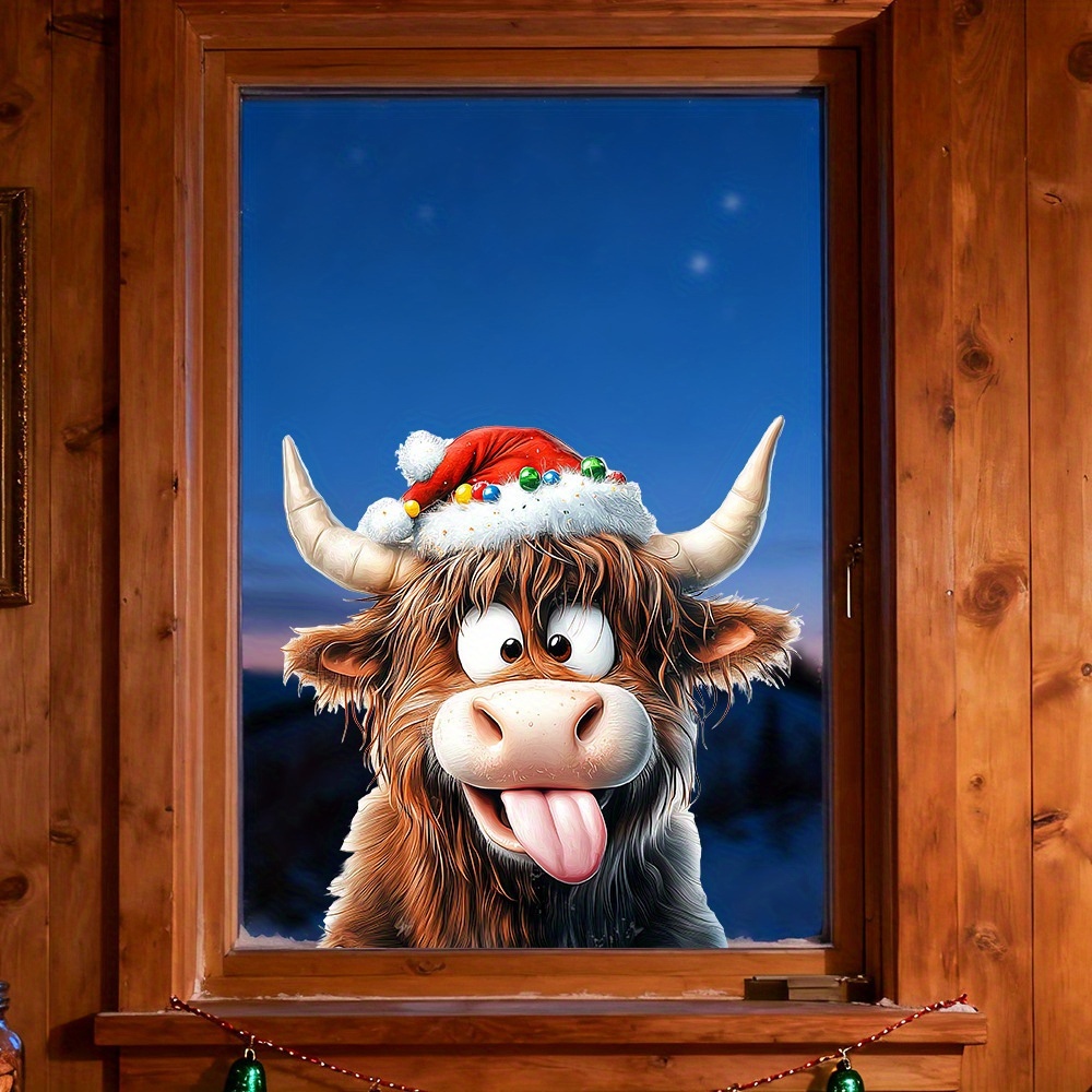 TEMU 1pc Of Quirky Christmas Cow Window Stickers Featuring Cartoon Animals With Funny , Ethnic Style, Holiday Decorations For Christmas, Cow Sticking
