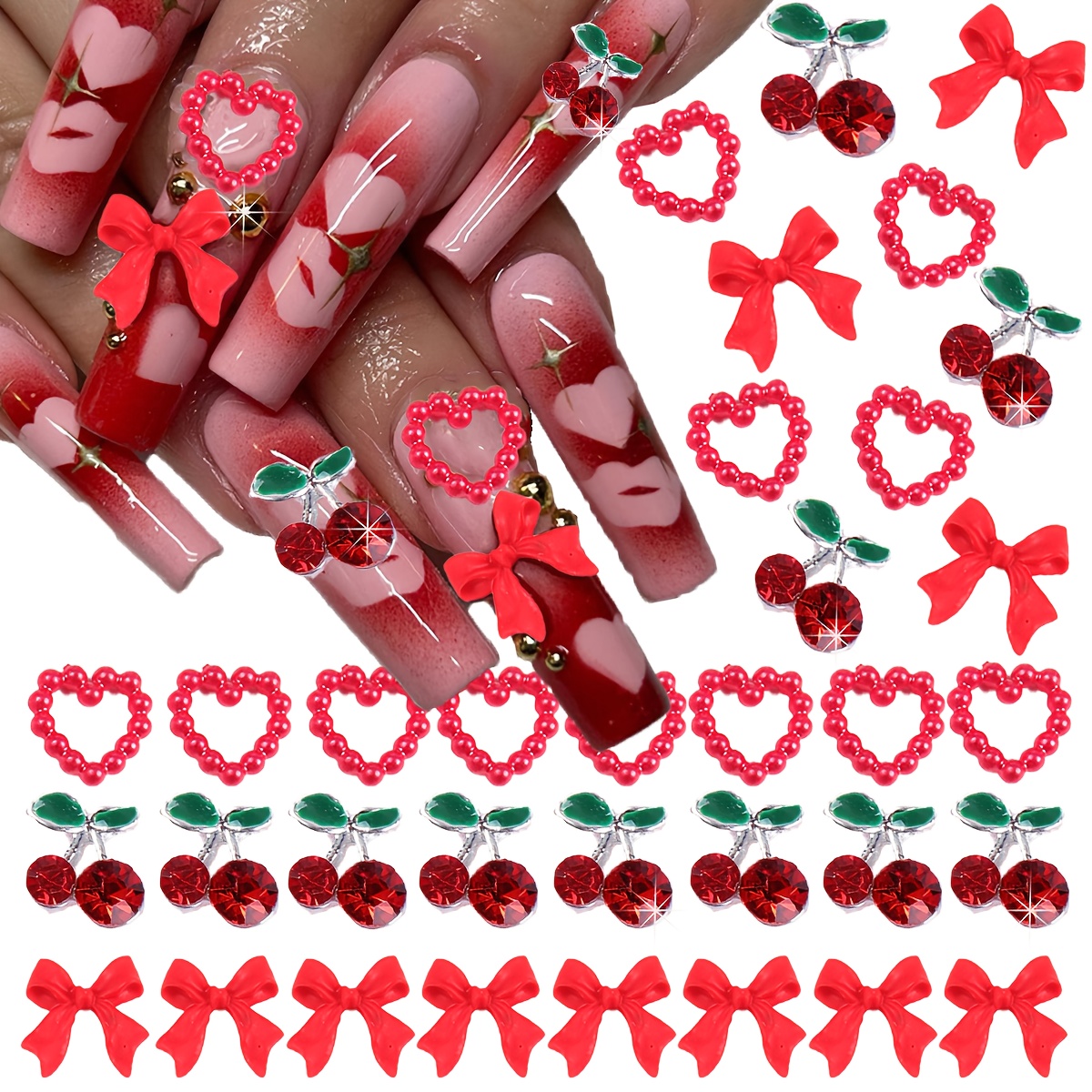 

A Set Of 60 Nail Art Accessories Featuring Romantic Designs With Red Acrylic Bows And Heart-shaped Pearls, Alloy Cherry Nail Gems With Rhinestones, Women's Diy Nail Decoration, Valentine's Day .