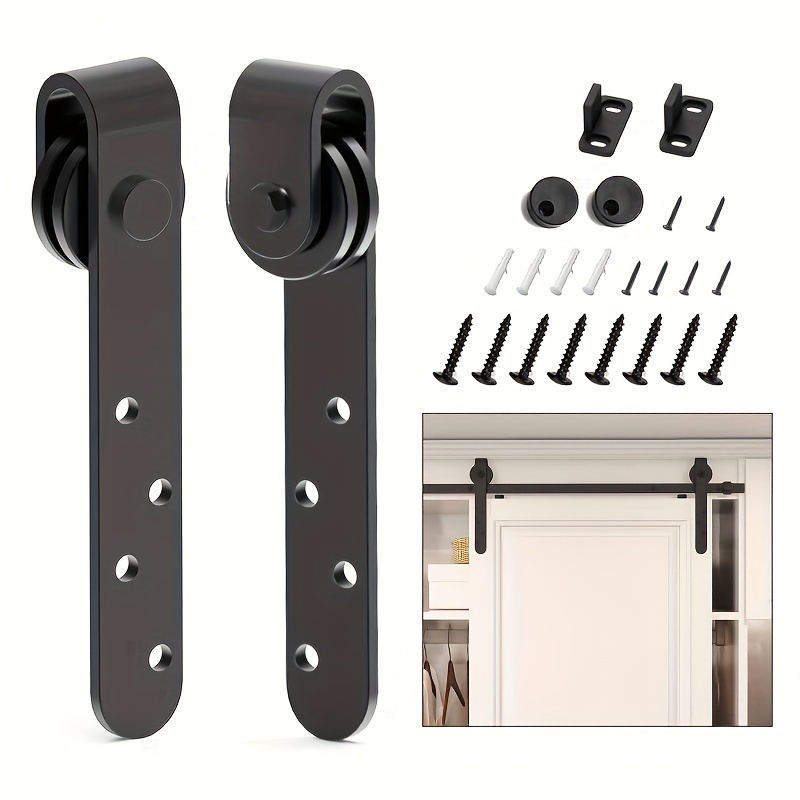 

1 Set Polished Metal Sliding Door Hardware Kit - Carbon Steel Track For Barn, Tv Cabinet & - Mobile Hanging Rail With Mounting Accessories - Black