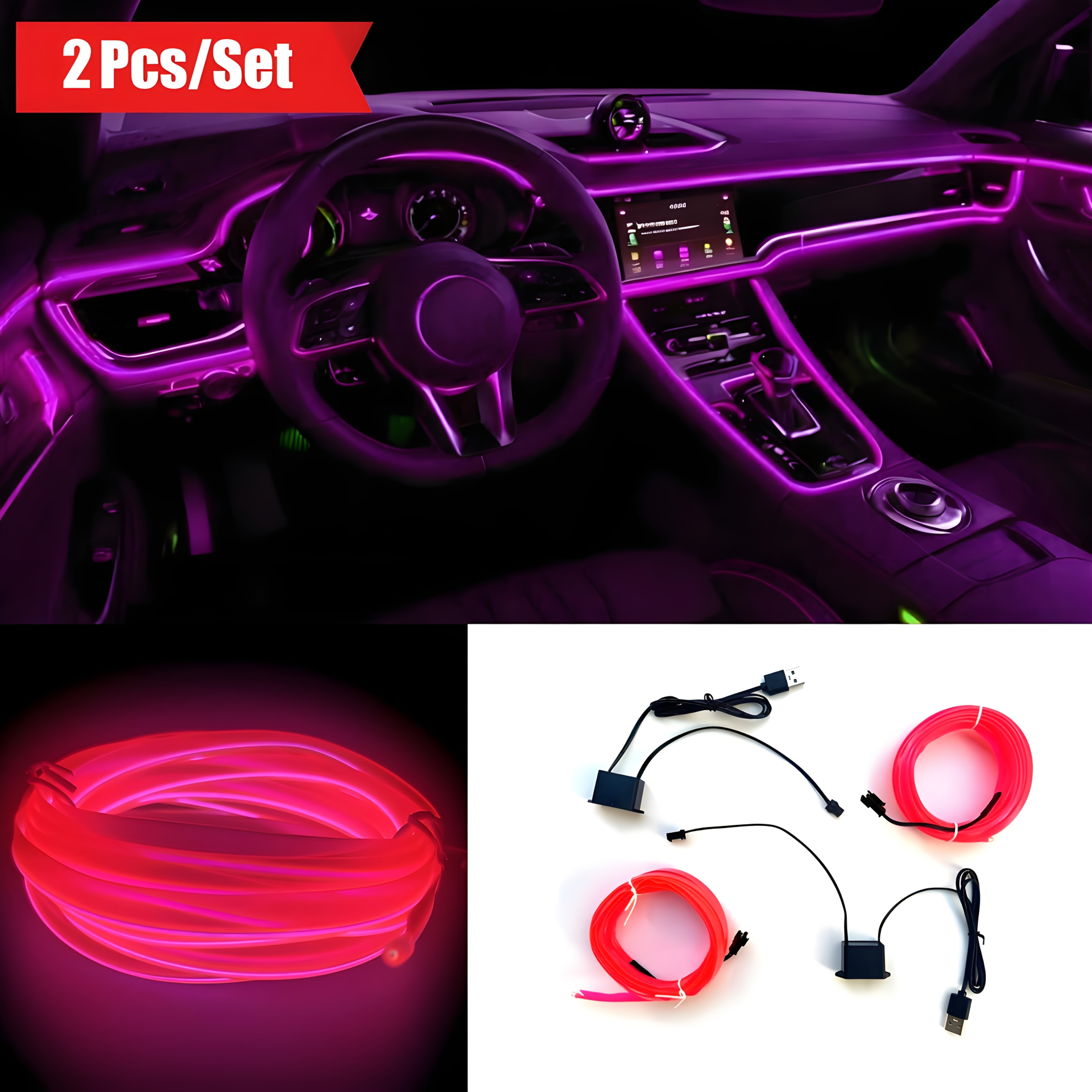 TEMU 2pcs 16ft Usb-powered Led Neon Light Strips For Cars, Rvs, Suvs & Trucks - Fit, , Purple Electroluminescent Ambient Interior Decor, Includes Adhesive Backing & Cutting Instructions