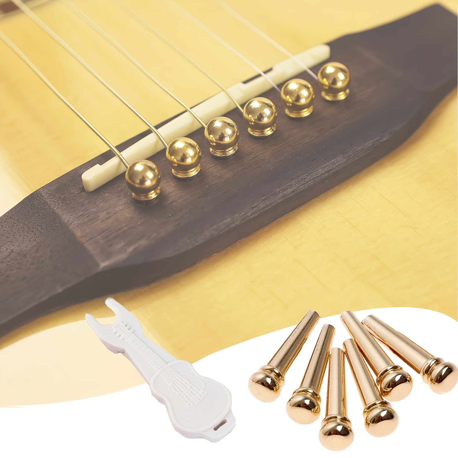 6pcs Guitar Bridge Pins For Acoustic Guitar 6 Strings Nail Pegs Fixed Cone, Replacement Parts With 1pc Bridge Pin Puller Remover